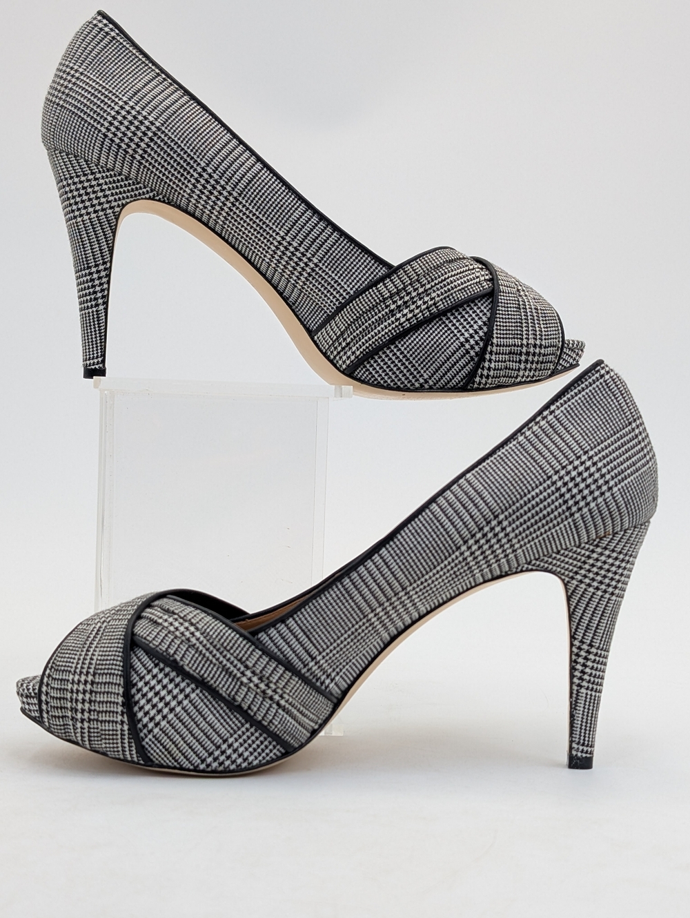 Talbots Sz 9.5M Plaid Black & White Textile Uppers Peep-Toe Crisscross Stiletto - Picture 10 of 17
